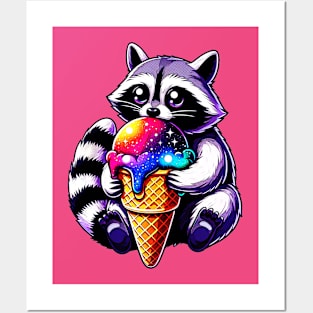 Cute Raccoon Eating A Space Cream Cone Posters and Art